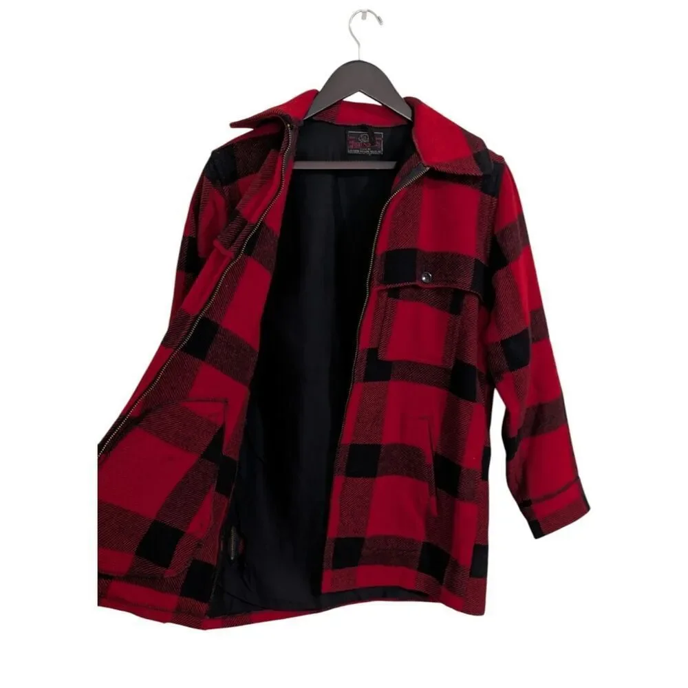 VTG 70s Johnson Woolen Mills Red Buffalo Plaid Wool Hunting Cruiser Jacket S